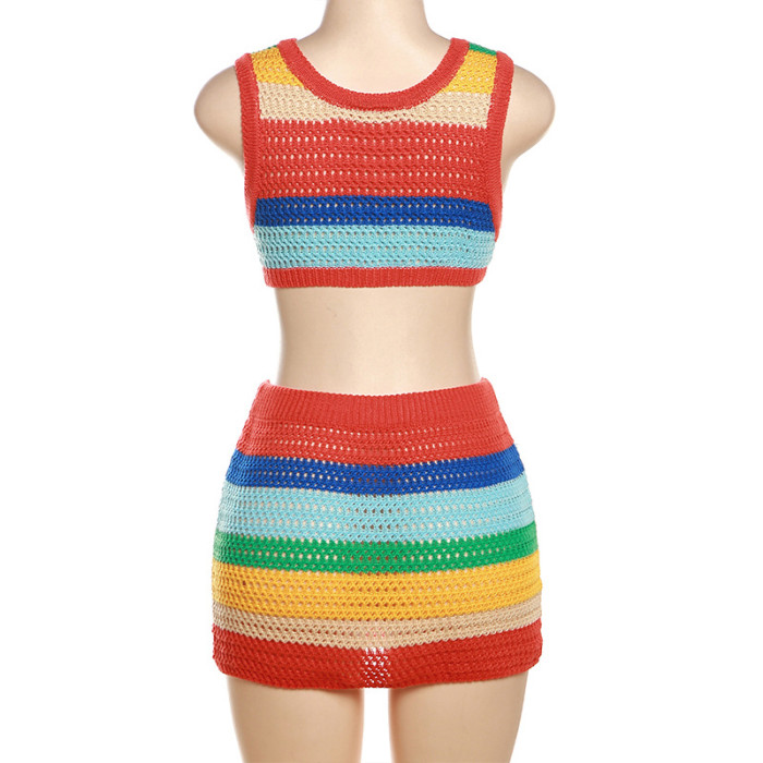 Casual Sleeveless O-neck Skinny Vestido Knitted Rainbow Mini Dress Set