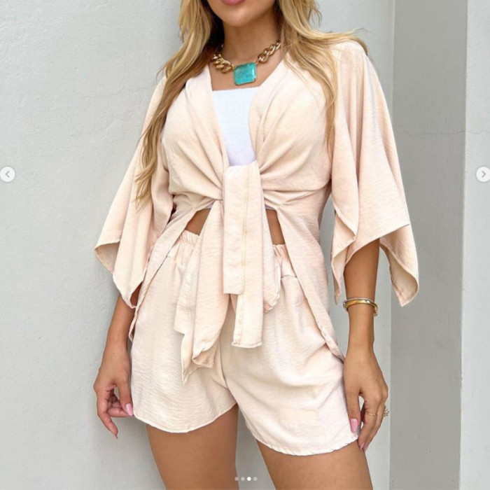 Casual Two-Piece Set with Seven-Sleeve Open Cardigan and Drawstring Shorts
