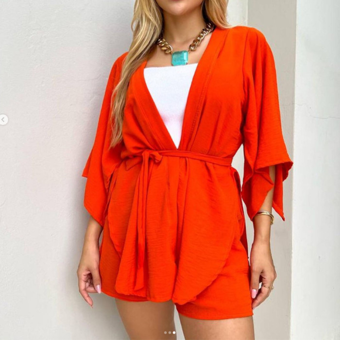 Casual Two-Piece Set with Seven-Sleeve Open Cardigan and Drawstring Shorts