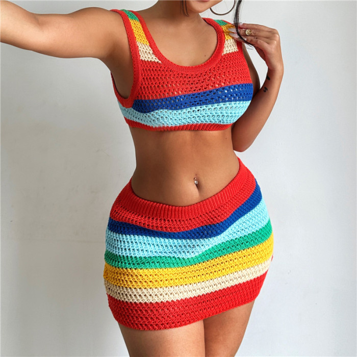 Casual Sleeveless O-neck Skinny Vestido Knitted Rainbow Mini Dress Set