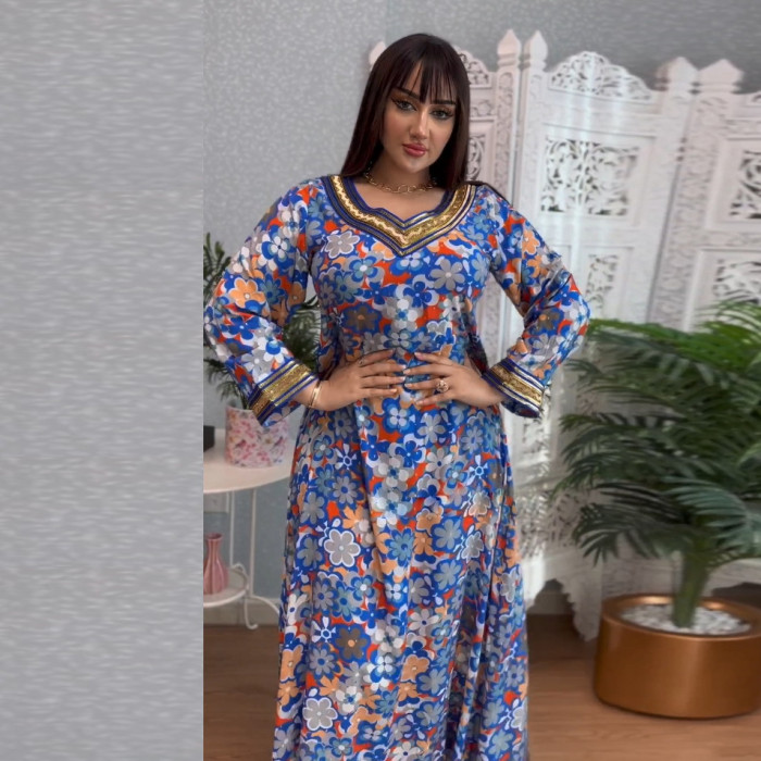 Unique Printed Jalabiya and Rhinestone Embellishments Sparkling Dubai Abaya for Women Dress