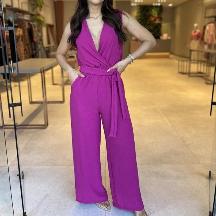 Solid Color V-neck Sleeveless Jumpsuit with High Waist, Wide Leg and Chic Tie Detail