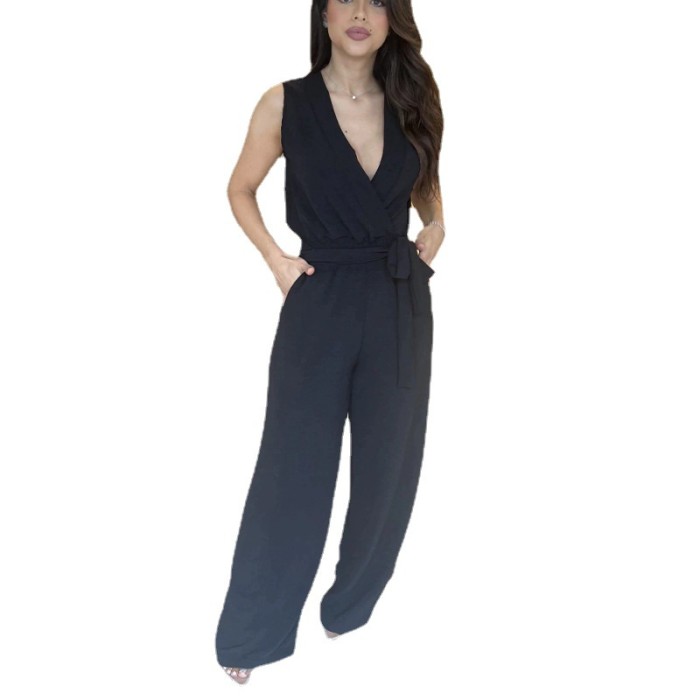 Solid Color V-neck Sleeveless Jumpsuit with High Waist, Wide Leg and Chic Tie Detail