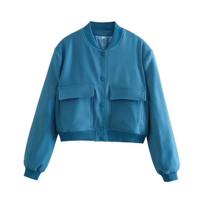 Women Casual Button Up Solid Color Varsity Jacket with Two Big Pockets