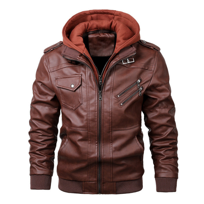 Men's Faux Leather with Double Zipper Detachable Hood Motorcycle  Jacket