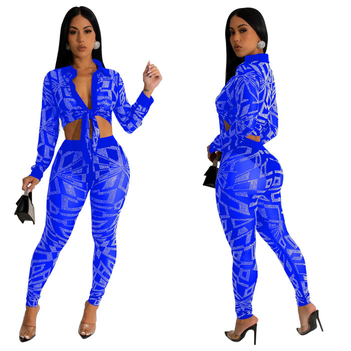 Sparkling Gems on Sheer Long Sleeve Trousers Two-Piece Set