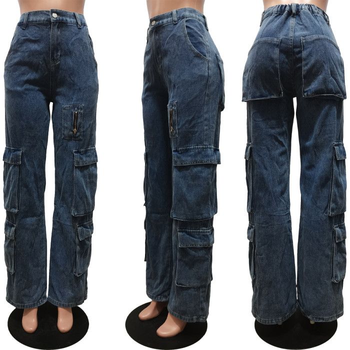 Wide-Leg Multi-Pocket Elastic Waist Jeans