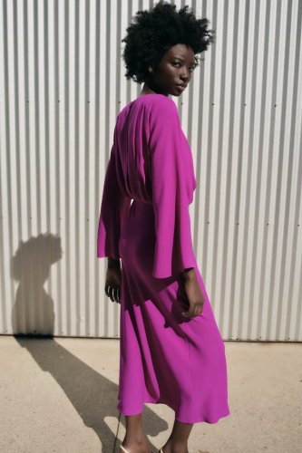 Elegant Retro Fashion Purple Surplice V Neck Long Sleeve Midi Dress