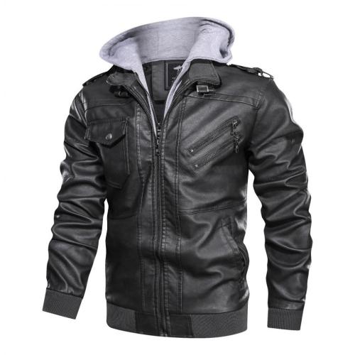 Men's Faux Leather with Double Zipper Detachable Hood Motorcycle  Jacket