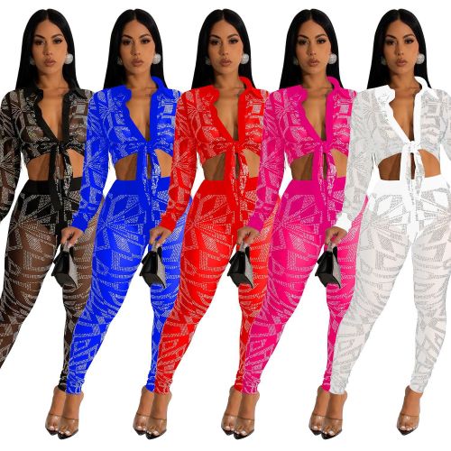 Sparkling Gems on Sheer Long Sleeve Trousers Two-Piece Set