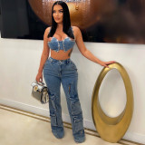 Wide-Leg Multi-Pocket Elastic Waist Jeans