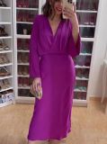 Elegant Retro Fashion Purple Surplice V Neck Long Sleeve Midi Dress