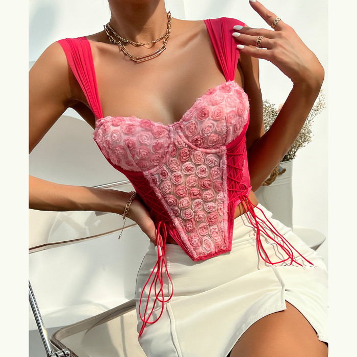 Sweet and Romantic Flower Lace Up Strap Top