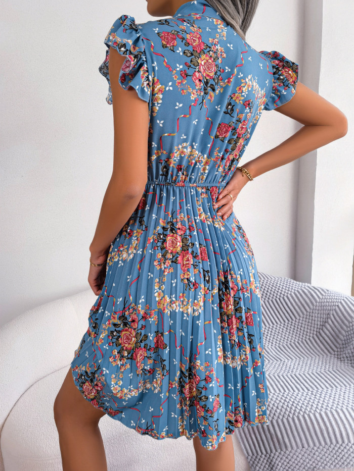 Elegance Floral Cinched Waist  Hem Pleated Skirt