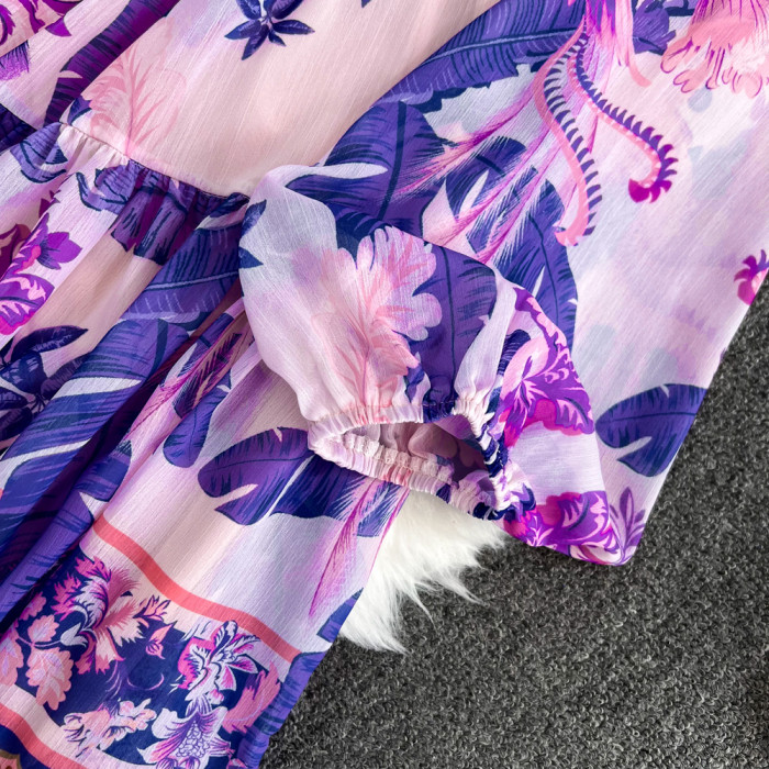 Purple Floral Print Lantern Sleeve Stand Collar A-line Dress