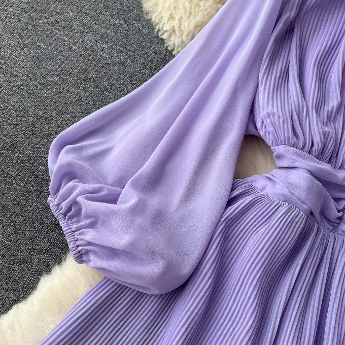 Purple Pleated Waist A-line Chiffon Dress with Puffed Sleeves