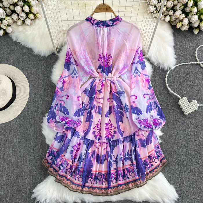 Purple Floral Print Lantern Sleeve Stand Collar A-line Dress