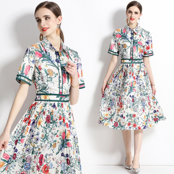 Short Sleeves Collar A Unique and Elegant Waist Cinching A-line Printed Shirt Pleated Dress