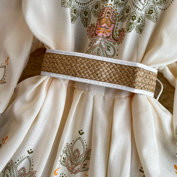 Floral Lantern Sleeve V-Neck A-Line Skirt Dress with Belt