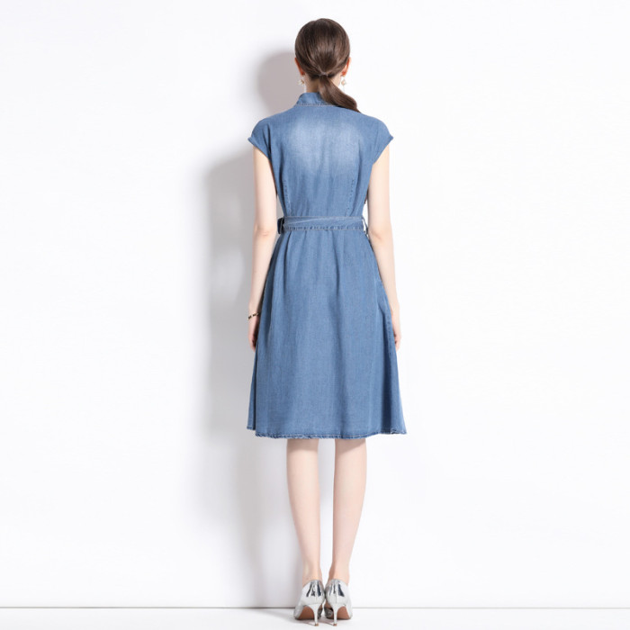 French style Waistband With a Mid Length A-line Denim Dress