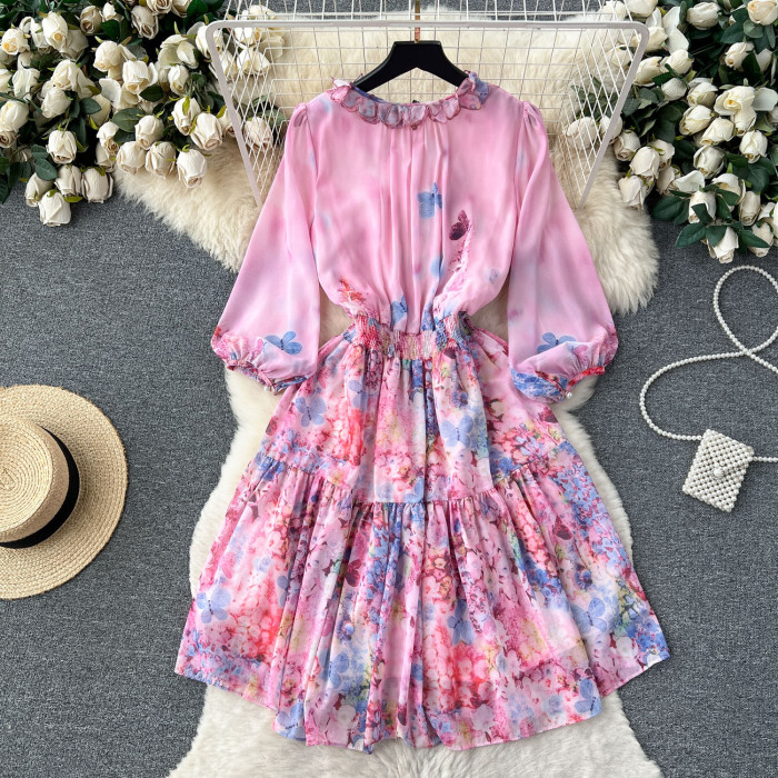 Chiffon Floral Print Long Sleeve A-Line Mini Dress