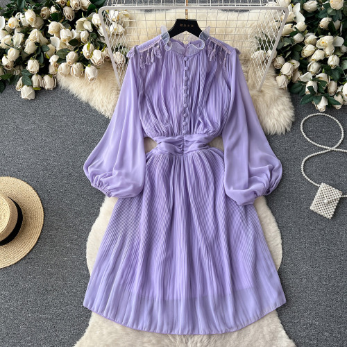 Purple Pleated Waist A-line Chiffon Dress with Puffed Sleeves