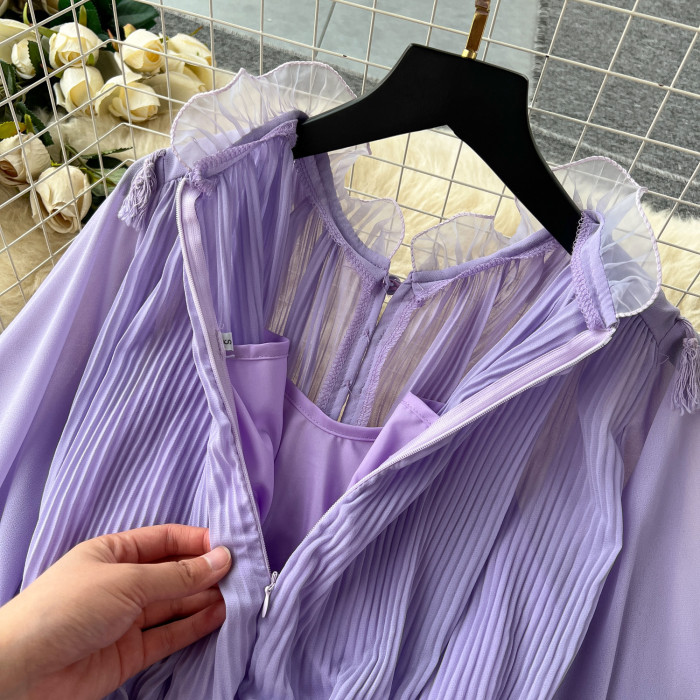 Purple Pleated Waist A-line Chiffon Dress with Puffed Sleeves