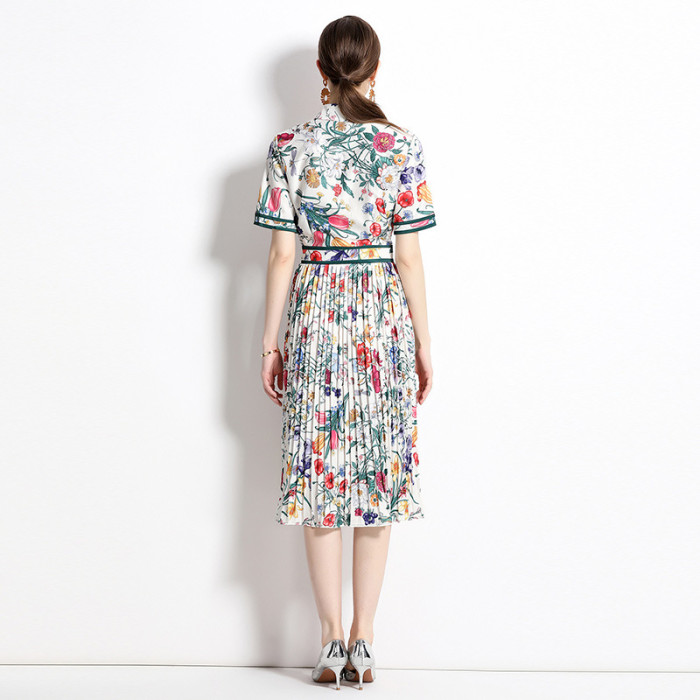 Short Sleeves Collar A Unique and Elegant Waist Cinching A-line Printed Shirt Pleated Dress