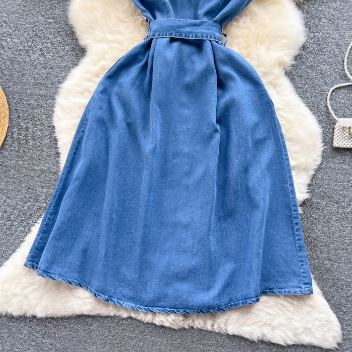 French style Waistband With a Mid Length A-line Denim Dress