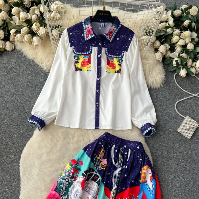 Fashionable Printed Two-Piece Set with Polo Neck Loose-Fit Shirt and High-Waisted Flared Skirt