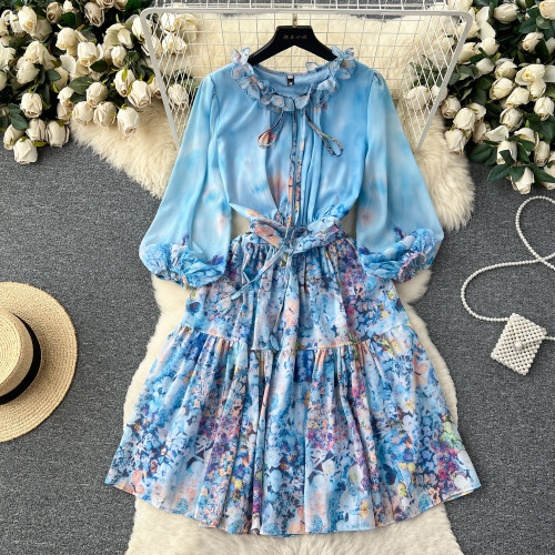 Chiffon Floral Print Long Sleeve A-Line Mini Dress