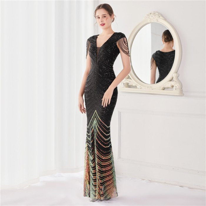 Beaded Floral Long Evening Dress for Parties