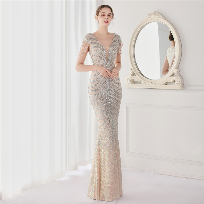 Beaded Floral Long Evening Dress for Parties