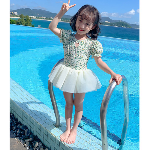 Girls' Princess Skirt Short Sleeve Swimwear with Cute Mesh Skirt