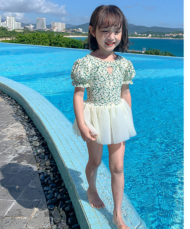 Girls' Princess Skirt Short Sleeve Swimwear with Cute Mesh Skirt