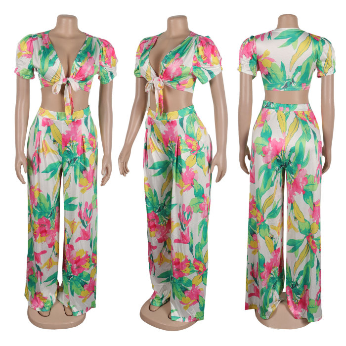 Floral Sexy and Stylish Loose Short Sleeves Wide-Leg Set