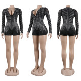 Deep V-Neckline Sparkling Diamond Body-Hugging Fit Short Jumpsuit