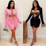 Sexy Solid Color Suit Hollow Iron Diamond Heart Shaped Slim Fit Two Piece Set