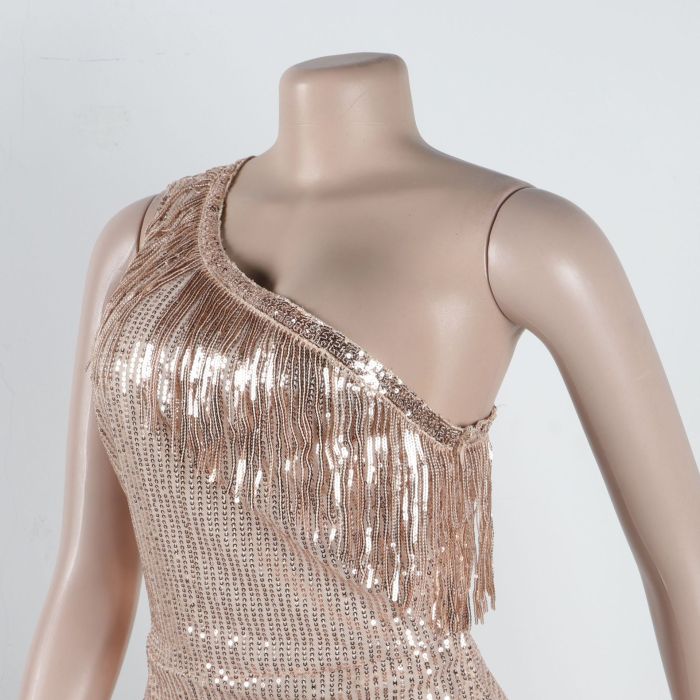 One-Shoulder Sparkle Beads Fringe Dress