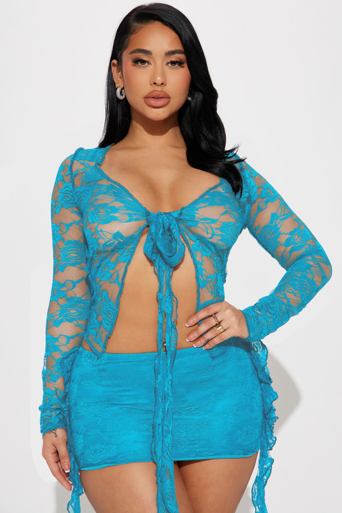 Elastic Lace V-Neck Tie-Up Sheer Sexy Mini Skirt Two-Piece Set