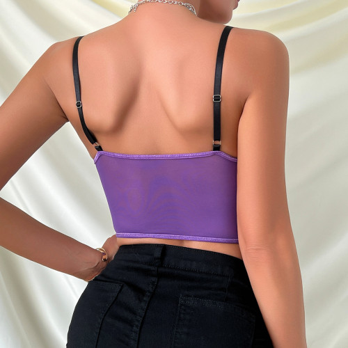 Retro Purple Mesh and Black Cup Fishbone Chain Strap Tank Top