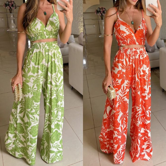 Women Vacation-ready Floral Deep V-neck and Adjustable Top and pants set  (Including Chest Pads)
