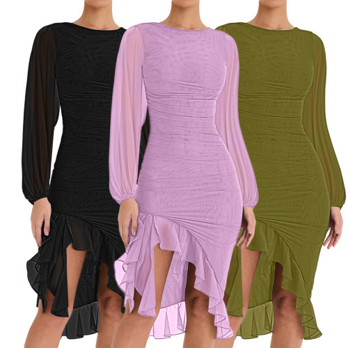 Long-Sleeved Sheer Sleeve Mesh Dress with Irregular Ruffled Hemline