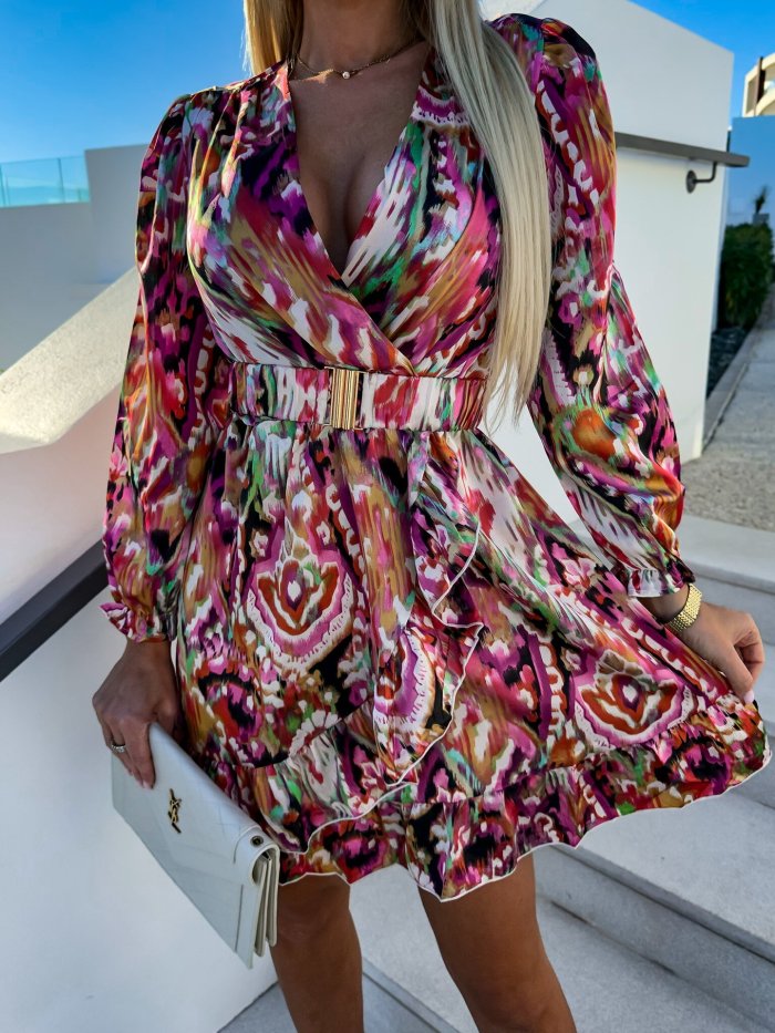 Seductive Floral Print Deep V-Neckline and Long Sleeves Floral Dress