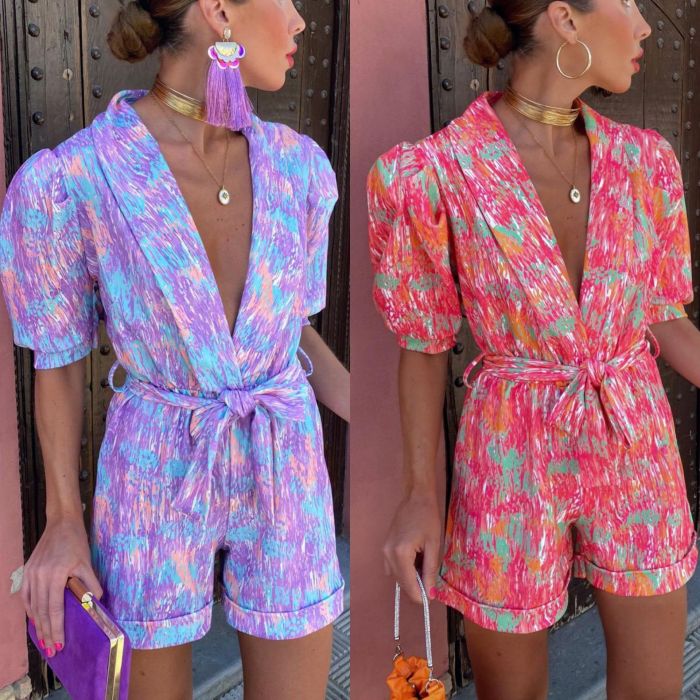 Deep V-Neckline Bubble Sleeves Floral Print Romper with Belt and Pockets