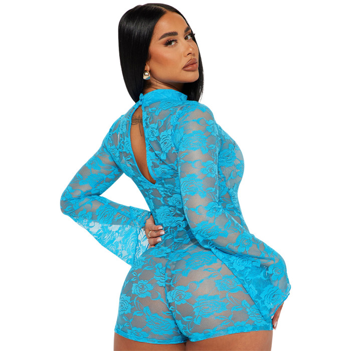 Floral Lace Elastic Flared Sleeve Sexy Jumpsuit