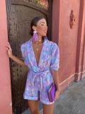 Deep V-Neckline Bubble Sleeves Floral Print Romper with Belt and Pockets