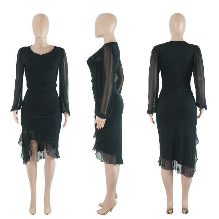 Long-Sleeved Sheer Sleeve Mesh Dress with Irregular Ruffled Hemline