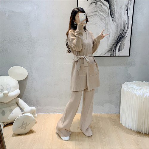 Wide-Leg Knit Pants and Open-Front Cardigan Sweater Two-Piece Set
