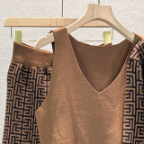 Knit Jacket V-Neck Top and Wide-Leg Pants Three-Piece Suit
